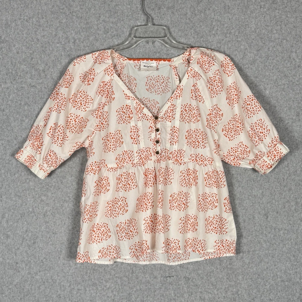 Anthropologie Moglea Womens XS White Orange Cotton Puff Sleeve Ruffle Blouse